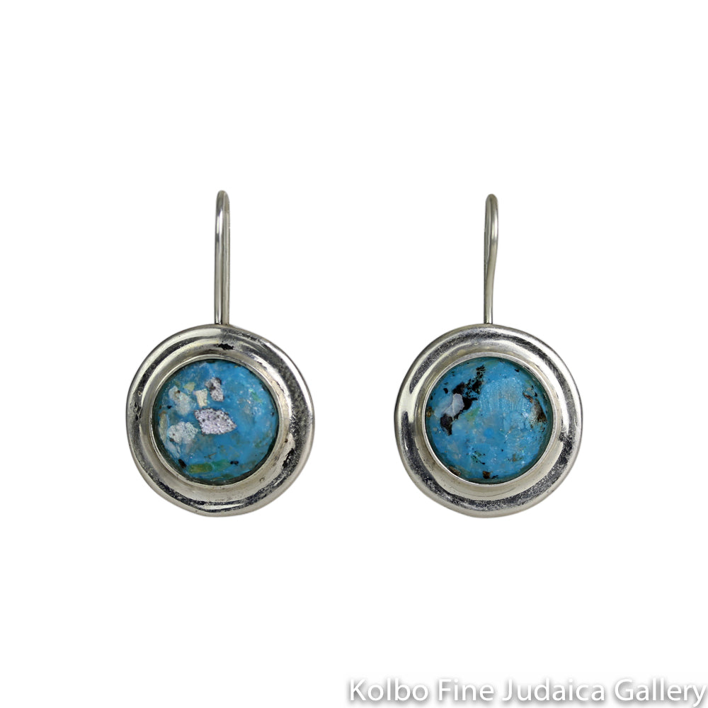 Earrings, Larger Round Blue Roman Glass Stone in Sterling Silver Setting