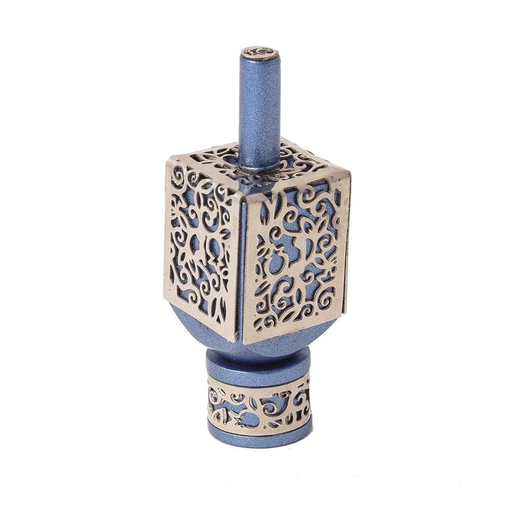 Dreidel, Anodized Aluminum, Pomegranate Blue and Silver Cut Out, Large