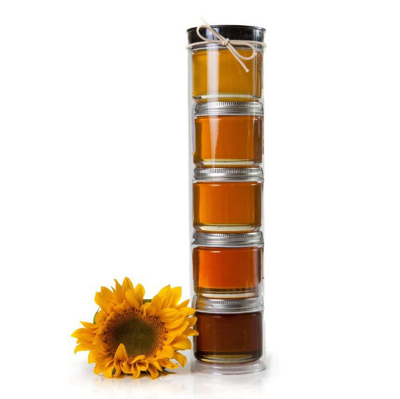 Honey Tasting Tower, Five Flavors, Pure Raw Kosher Honey