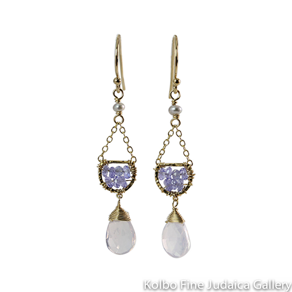 Earrings, Beaded Purple Tanzanite with Faceted Scorolite Drops, Gold Filled