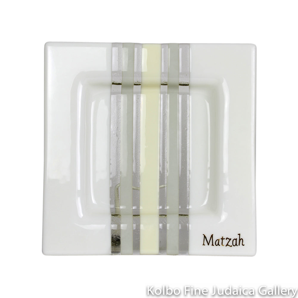 Matzah Plate, White and Ivory Glass Design With Gold Lettering