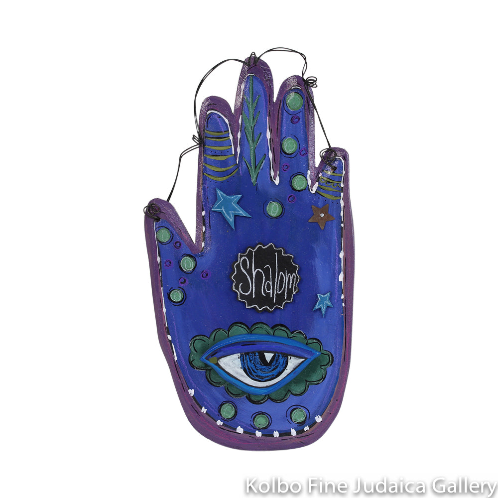 Hamsa, Wall Art, Hand Made, Painted Wood, Shalom, Eye on Blue