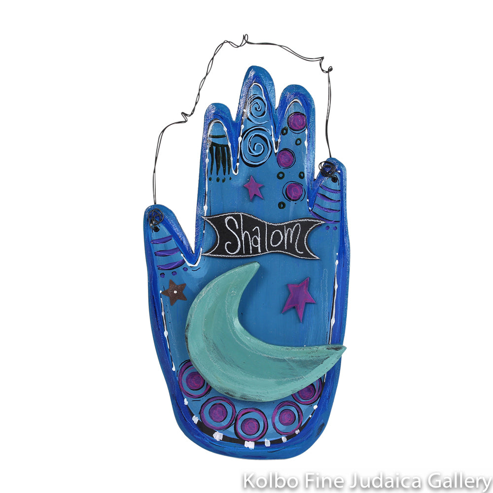 Hamsa, Wall Art, Hand Made, Painted Wood, Shalom, Moon on Blue