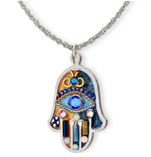 Necklace, Hamsa in Blue and Gold, Resin on Stainless Steel with Crystals and Beads