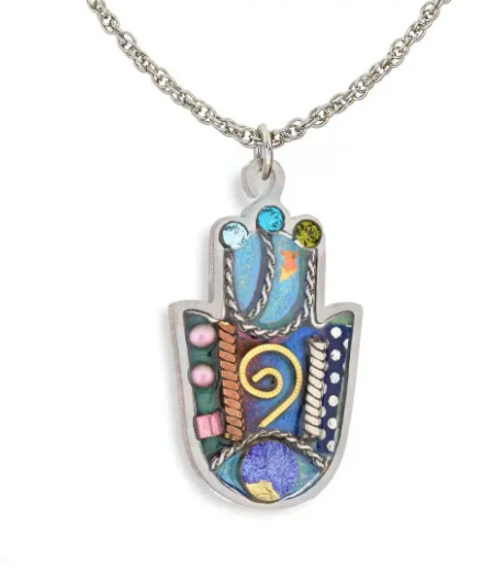 Necklace, Hamsa in Green and Pink, Resin on Stainless Steel with Crystals and Beads