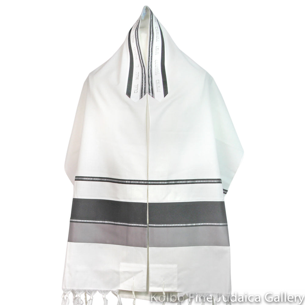 Tallit Set, Wide Slate Gray and Black Bands with Silver and Black Detail, Fine Wool, 22x80