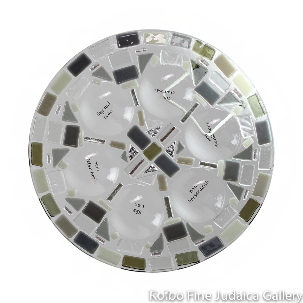 Seder Plate, Gray and Silver Fused Glass Mosaic Design, Platinum Gold Lettering, One-of-a Kind