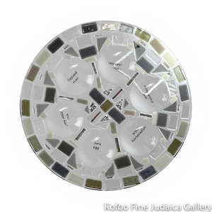 Seder Plate, Gray and Silver Fused Glass Mosaic Design, Platinum Gold Lettering, One-of-a Kind