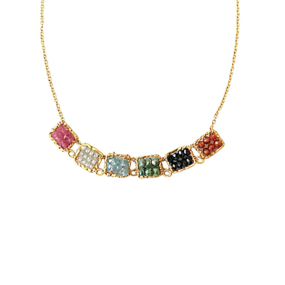 Necklace, Six Beaded Squares of Pink Sapphire, White and Blue Natural Zircon, Green Silverite, Black Spinel, Mozambique, on 17" Gold-Filled Chain