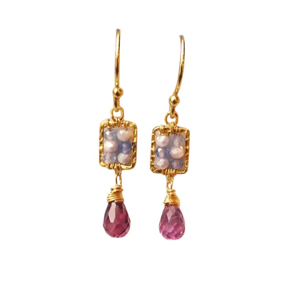 Earrings, Lavender Moonstone and Tanzanite with Malaia Garnet Drops, Gold-Filled