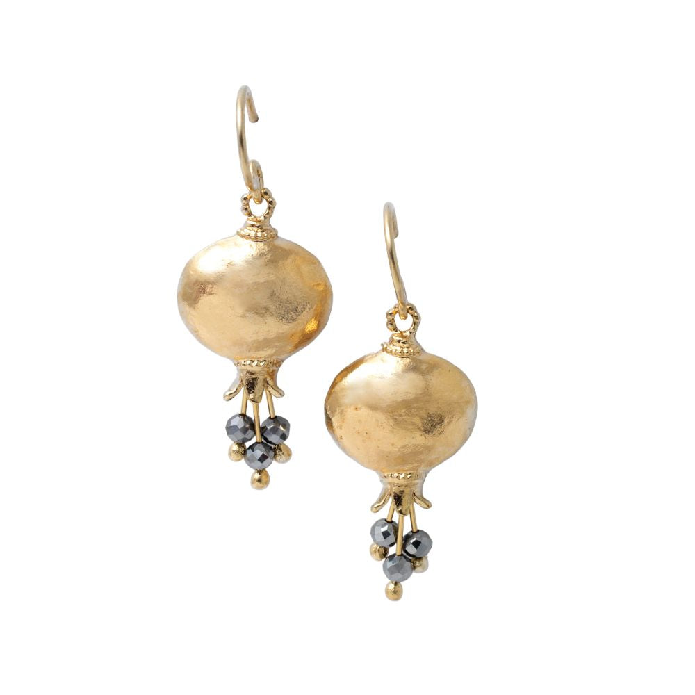 Earrings, Pomegranate Design, Hematite Beads with Gold Plate over Sterling Silver