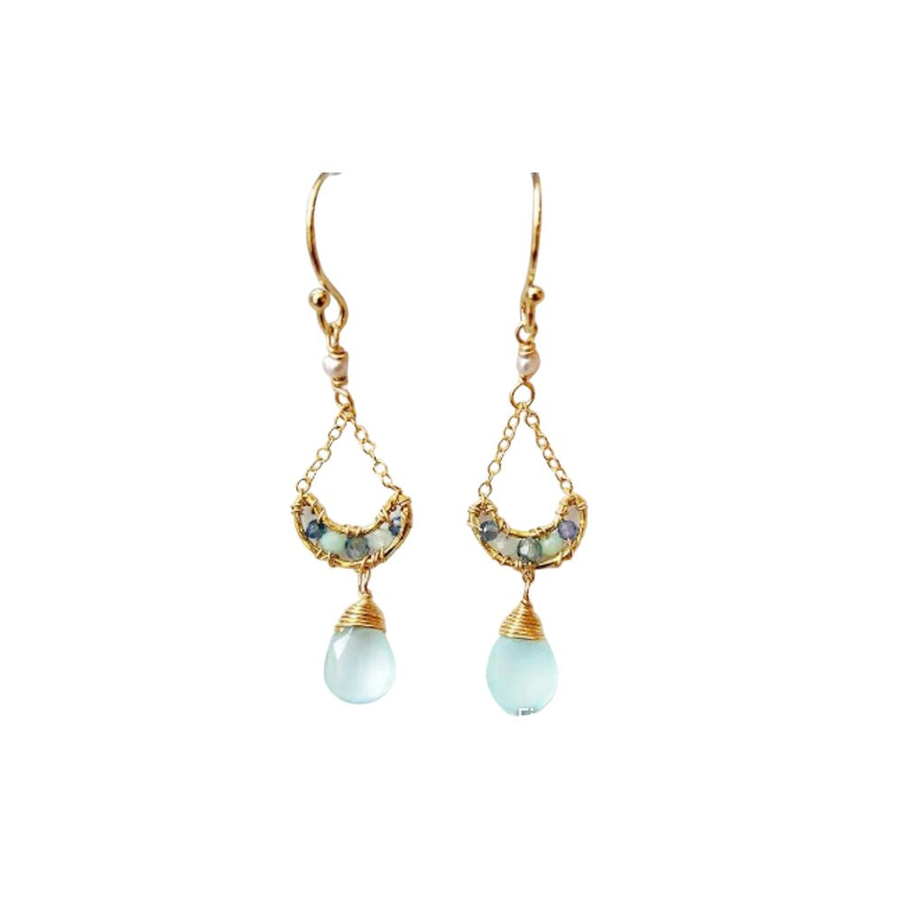 Earrings, Crescent Shape with Australian Sapphire, Green Opal, and Aqua Chalcedony, Gold-Filled