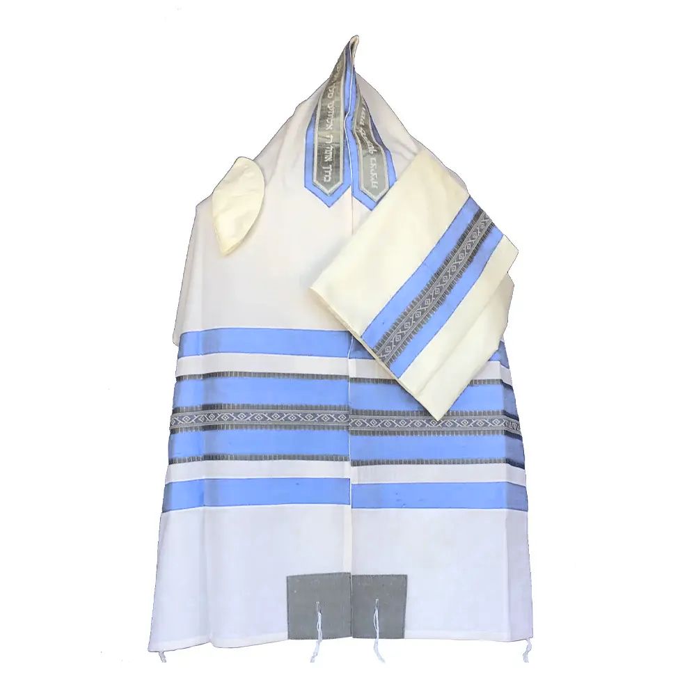 Tallit Set, Light Blue Stripes with Silver Accents, Fine Cotton