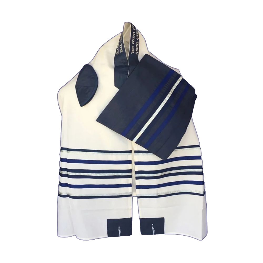 Tallit Set, Thin Blue and Silver Stripes on White Background, Fine Wool