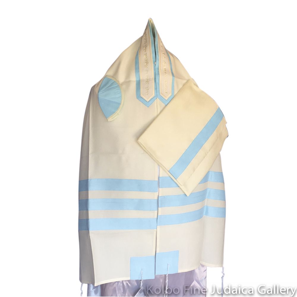 Tallit Set, three soft blue stripes on brushed cotton, three piece set, 18 x 72
