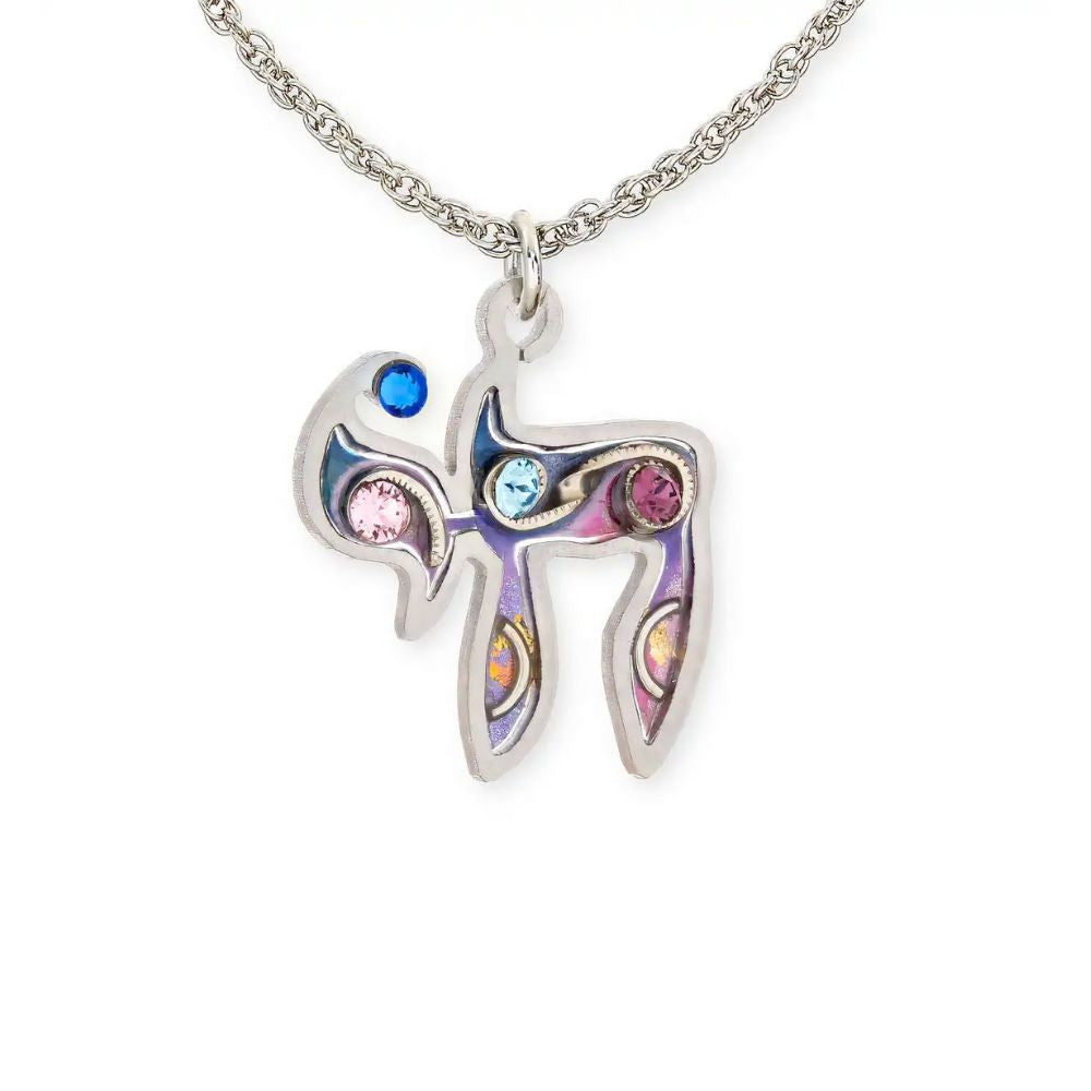 Necklace, Colorful Chai Pendant, Resin on Stainless Steel with Crystals