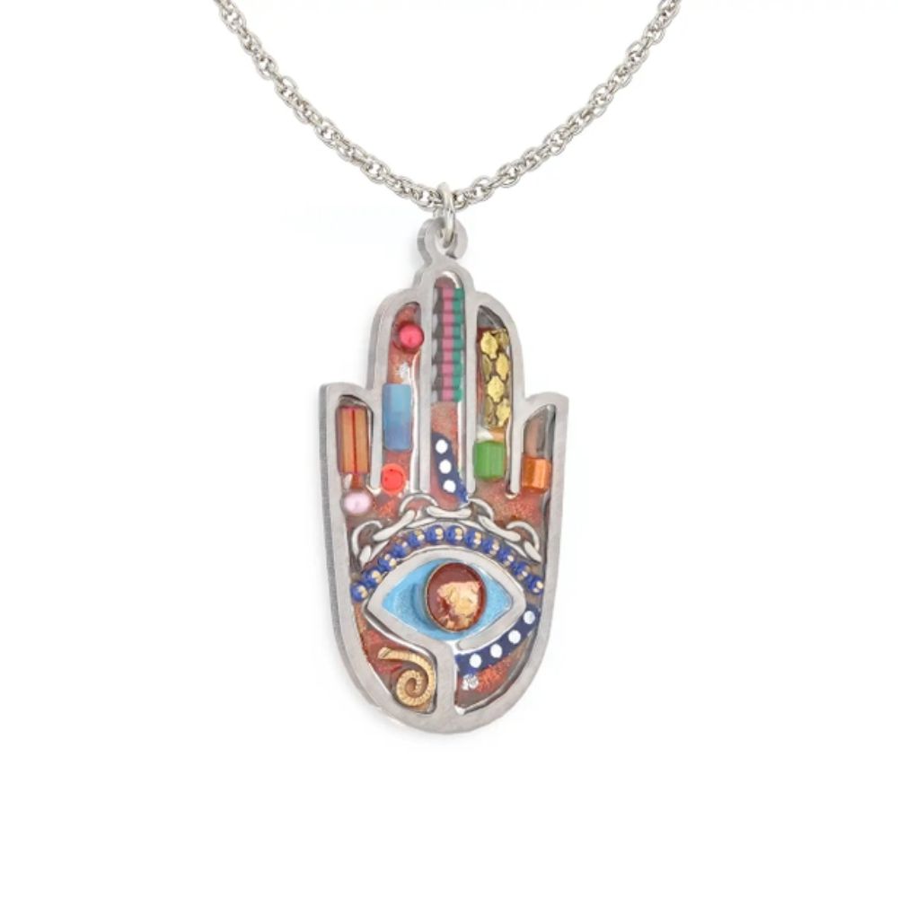 Necklace, Multicolor Artazia Hamsa, Resin on Stainless Steel with Crystals and Blue Beads
