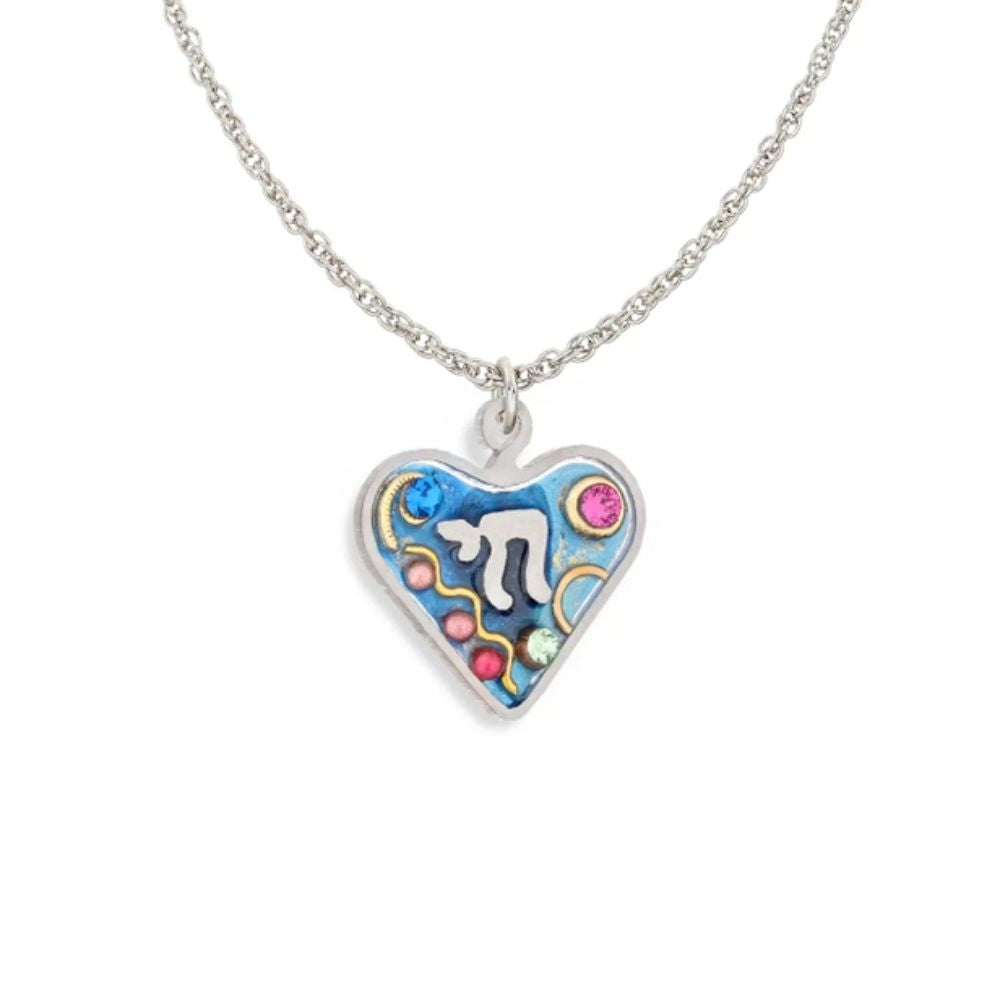 Necklace, Chai in Heart, Blues, Stainless Steel with Glass Beads