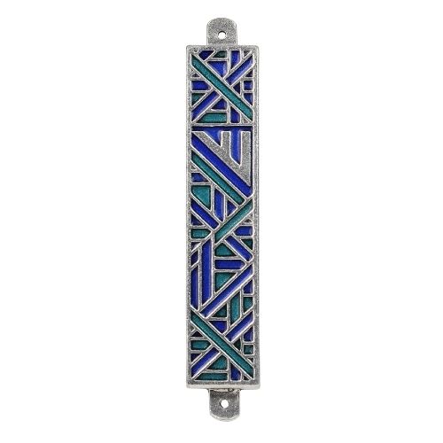 Mezuzah, Blue and Teal Geometric Design, Pewter Alloy