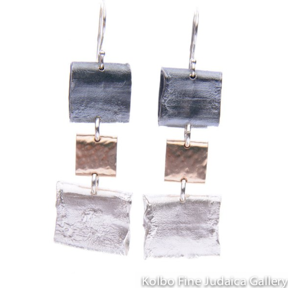 Earrings, Three Dangling Squares of Polished and Oxidized Sterling Silver and Gold Filled