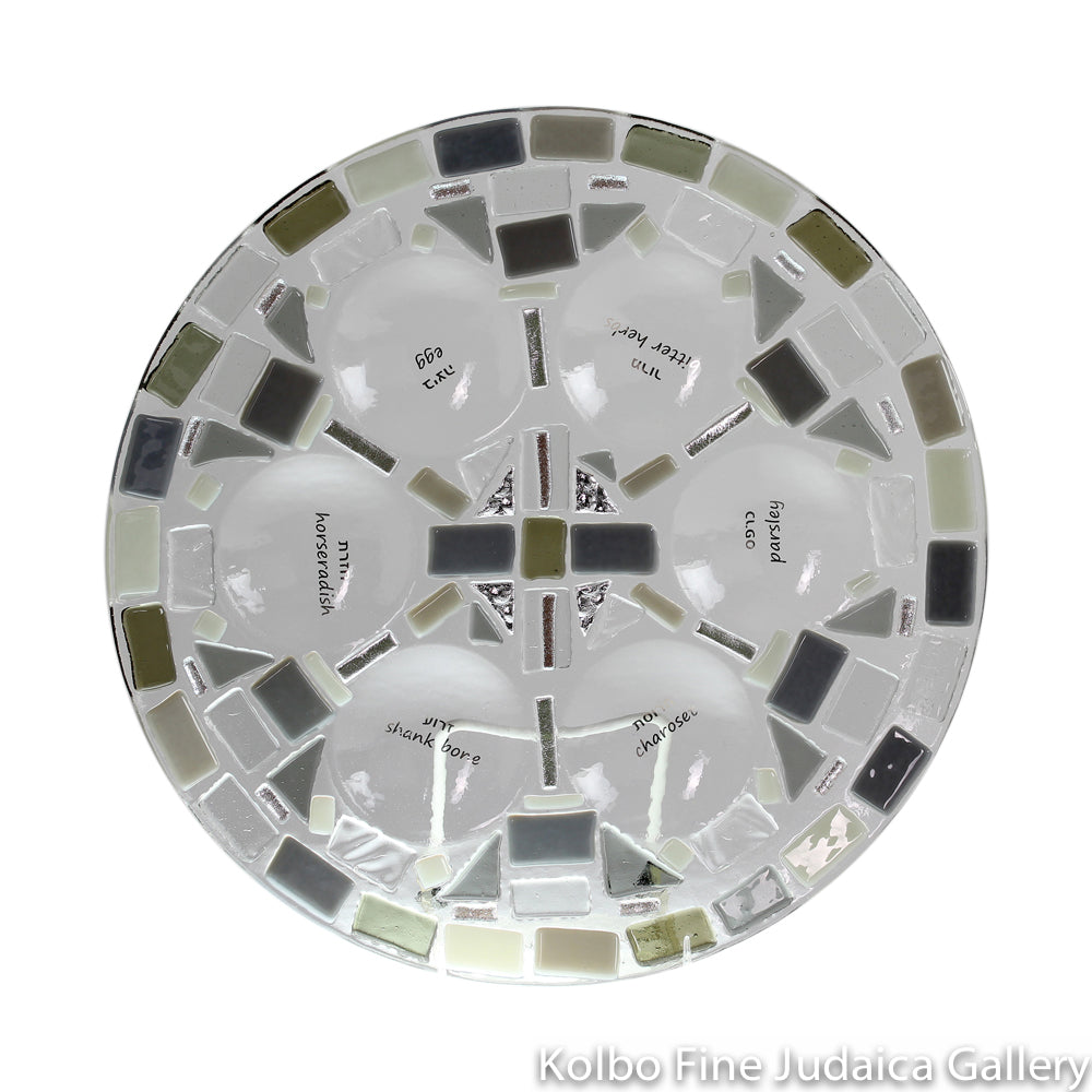 Seder Plate, Gray and Silver Fused Glass Mosaic Design, Platinum Gold Lettering, One-of-a Kind