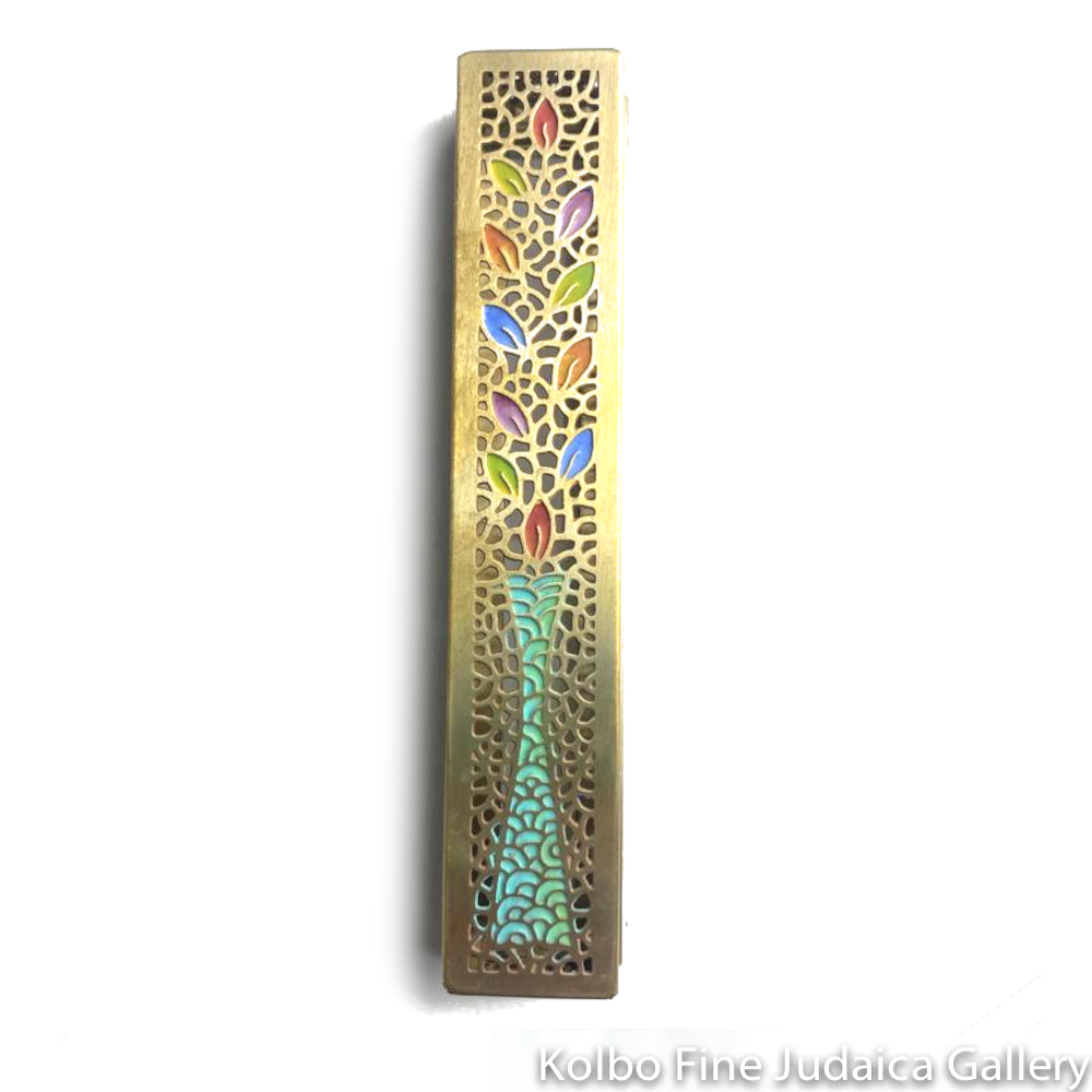 Handcrafted Mezuzah from the buy Holy Land from Paper Mache (Gold on Rainbow Gold Background displayed)