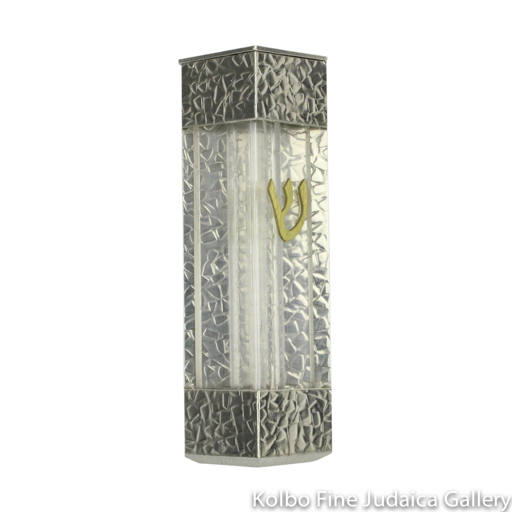 Wedding Glass Mezuzah, Angular Design, Stone Finish, Pewter, Brass, and Acrylic