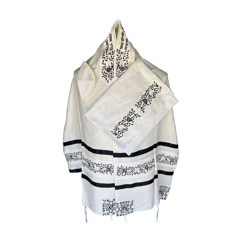 Tallit Set, Black and White Vine Design on Fine White Cotton
