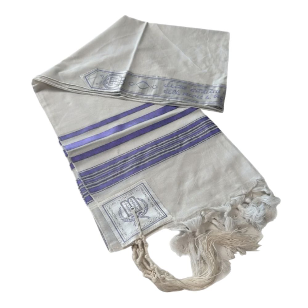 Tallit, Purple Stripes on White Cotton, 18"x70"