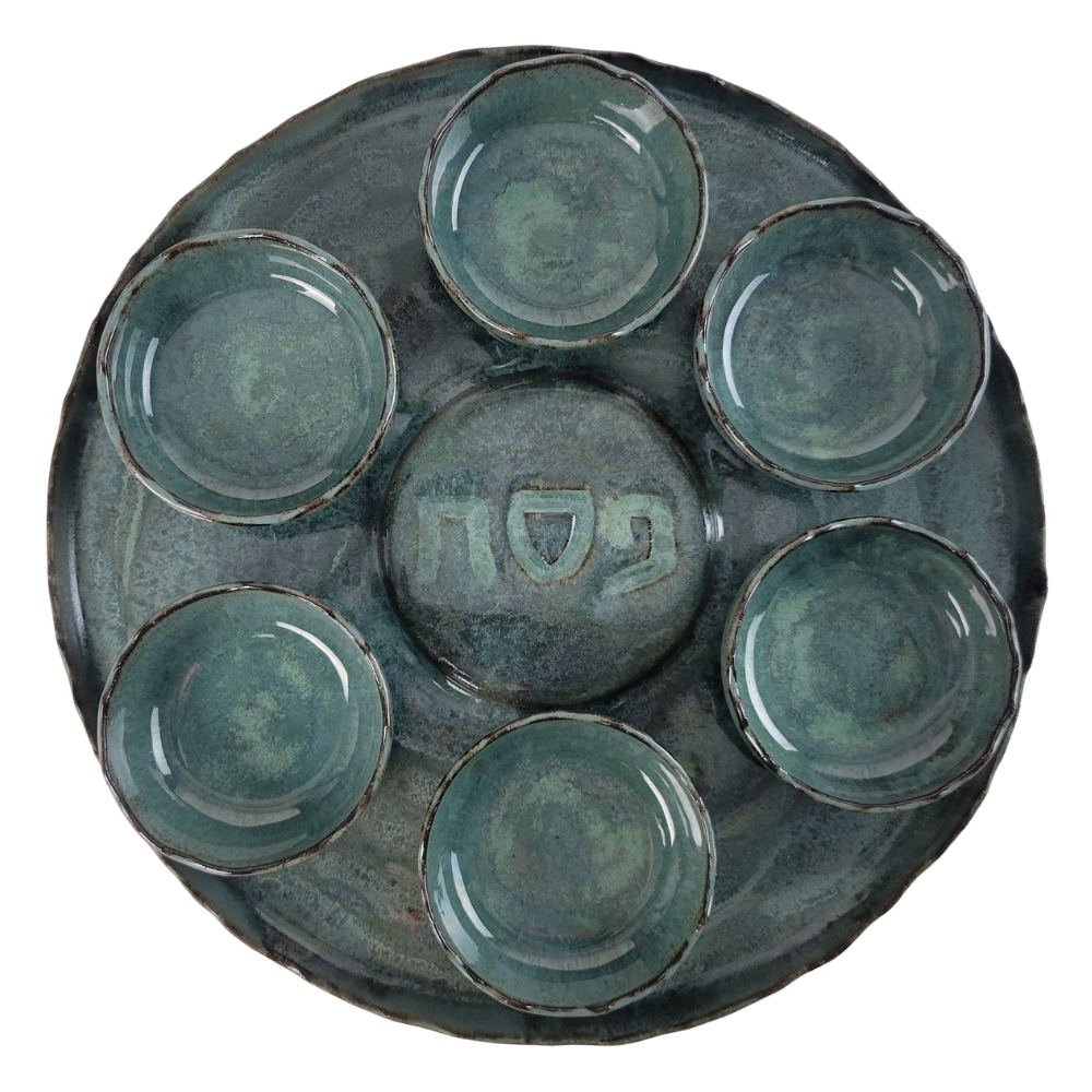 Seder Plate, High Fired Ceramic with Mixed Patina Glaze, Wheel Thrown with Hand Sculpted Edges