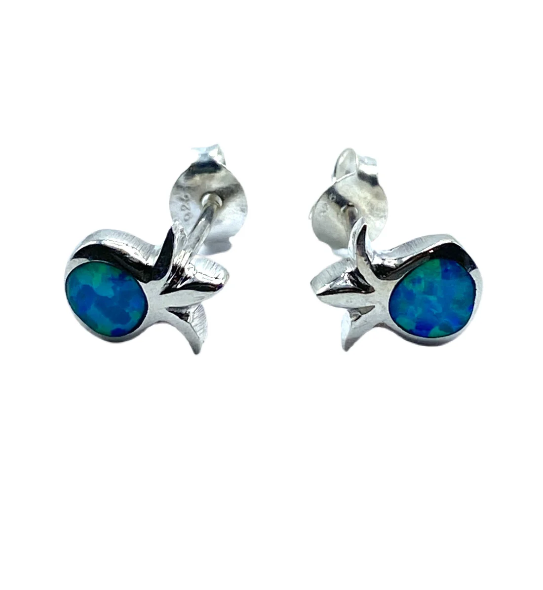 Earrings, Pomegranate Design with Blue Opal, Sterling Silver, Post