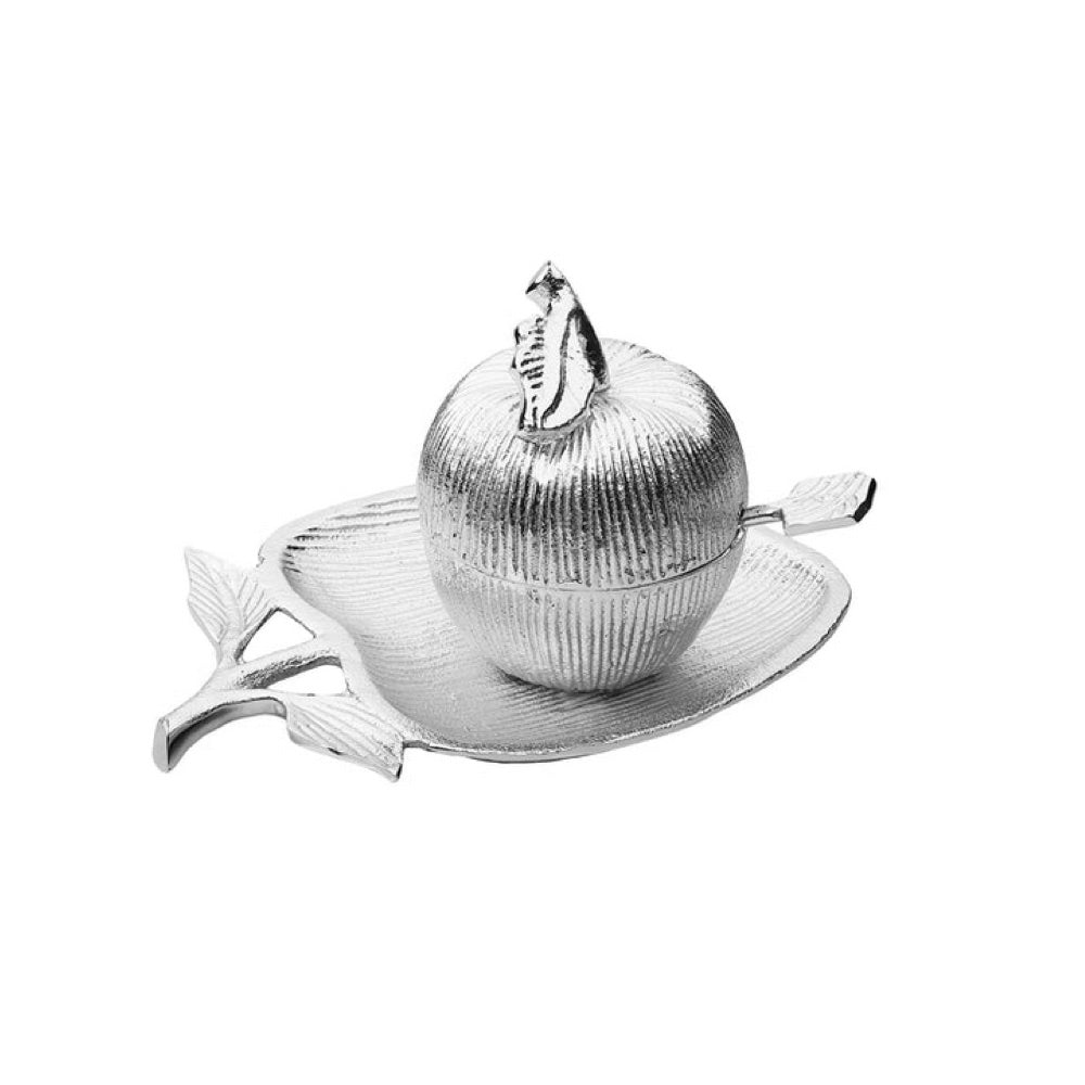 Honey Jar on Small Apple Shaped Plate, Includes Spoon, Stainless Steel