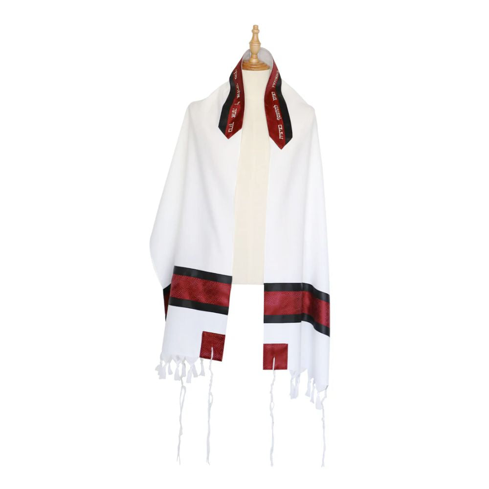 Tallit Set, Deep Red Detailed Band with Black, Soft Wool, Three Piece Set