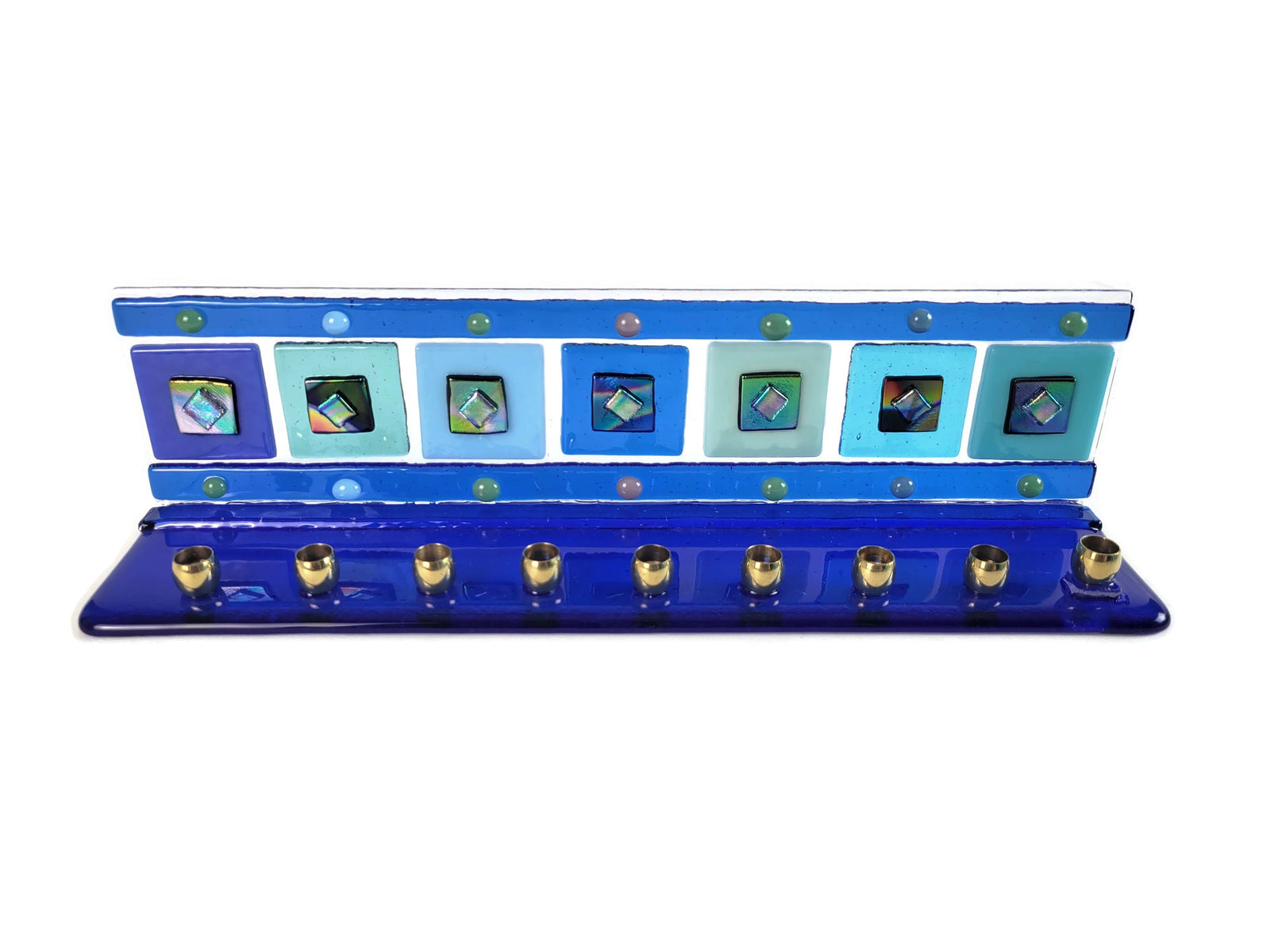 Menorah, Geometric Design, Blue, Hand Made Fused Glass