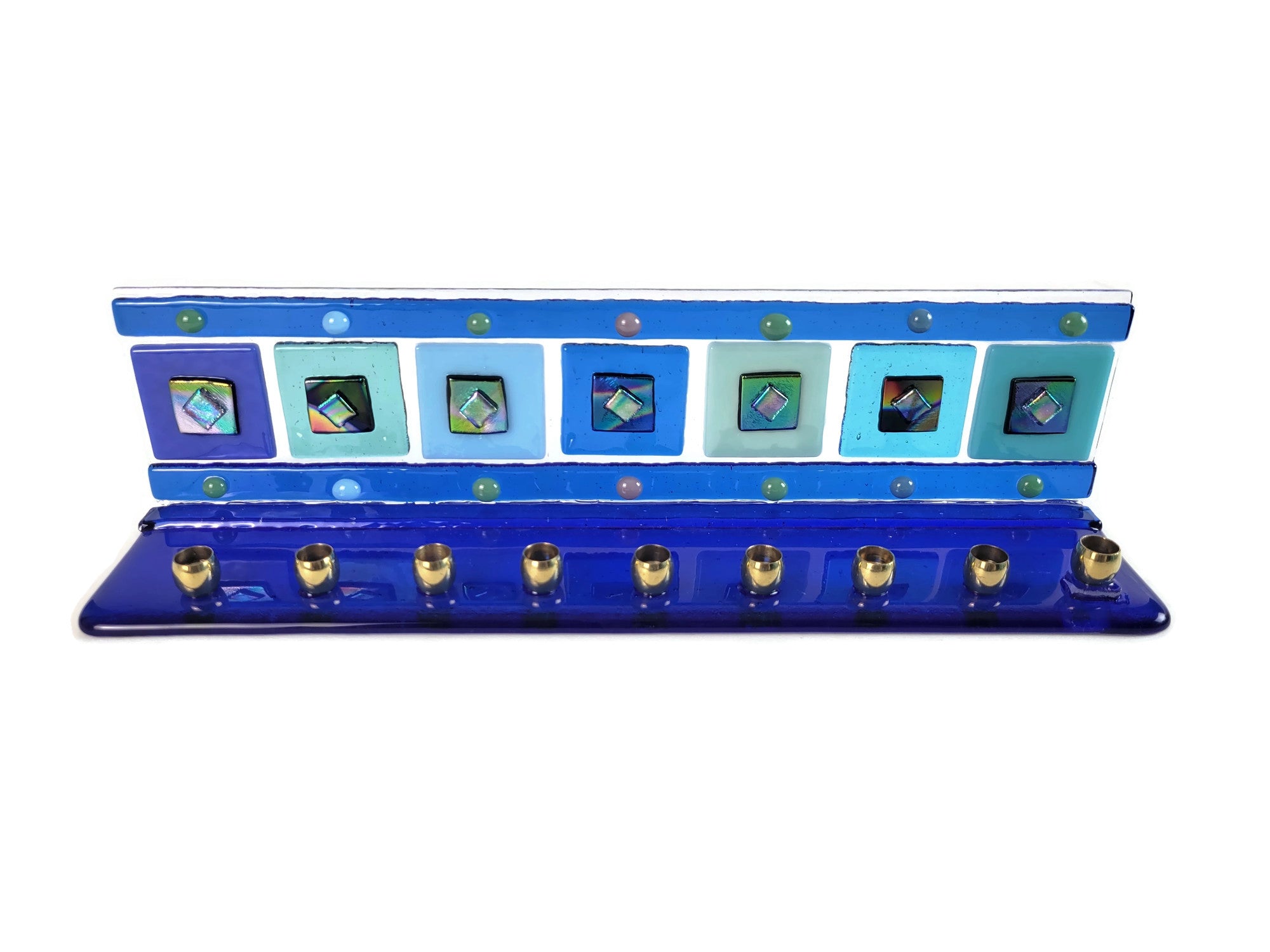 Menorah, Geometric Design, Blue, Hand Made Fused Glass