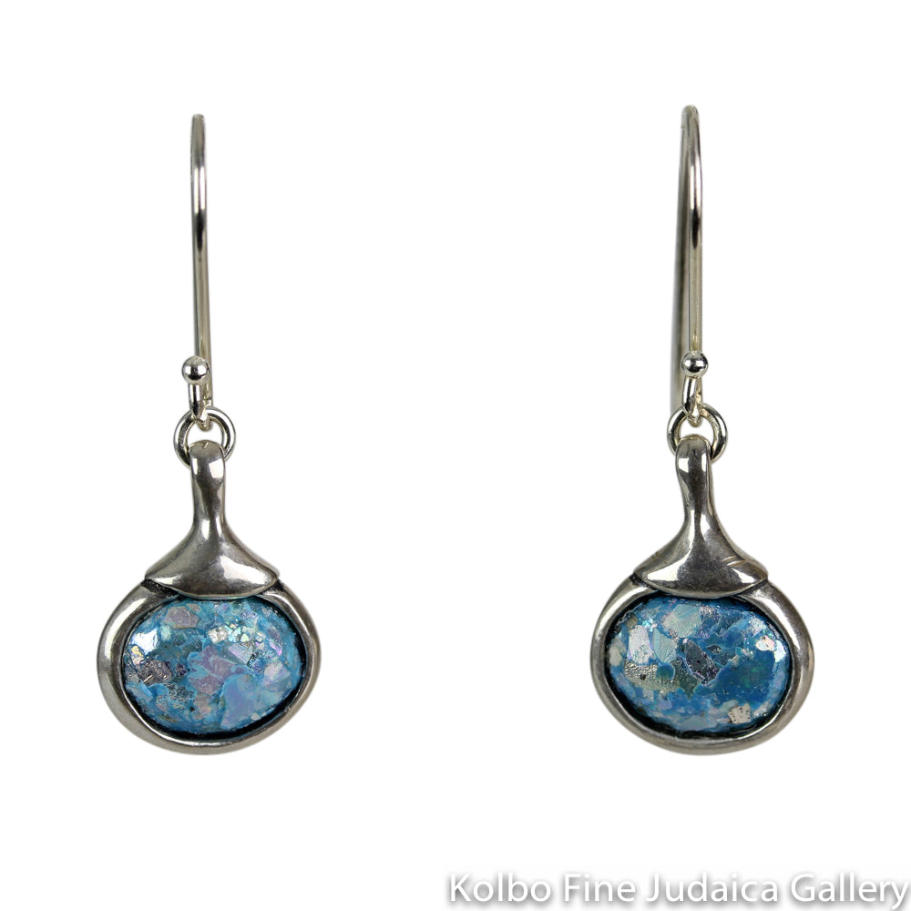 Earrings, Oval Blue Roman Glass in Hand Crafted Sterling Silver Setting