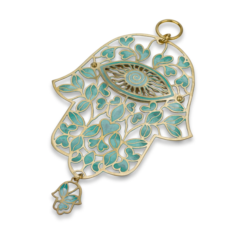 Hamsa, Leaves and Heart Design, Patina Hand Painted Enamel on Intricately Cut Brass