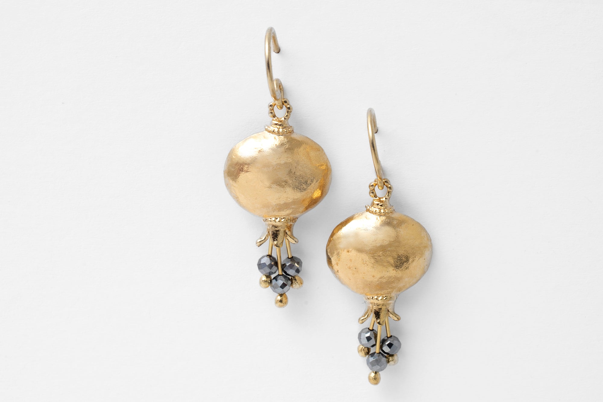 Earrings, Pomegranate Design, Hematite Beads with Gold Plate over Sterling Silver