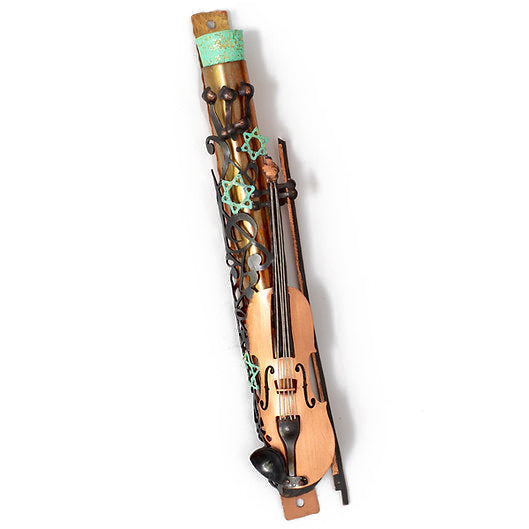 Mezuzah, Violin with Musical Notes and Patina Stars