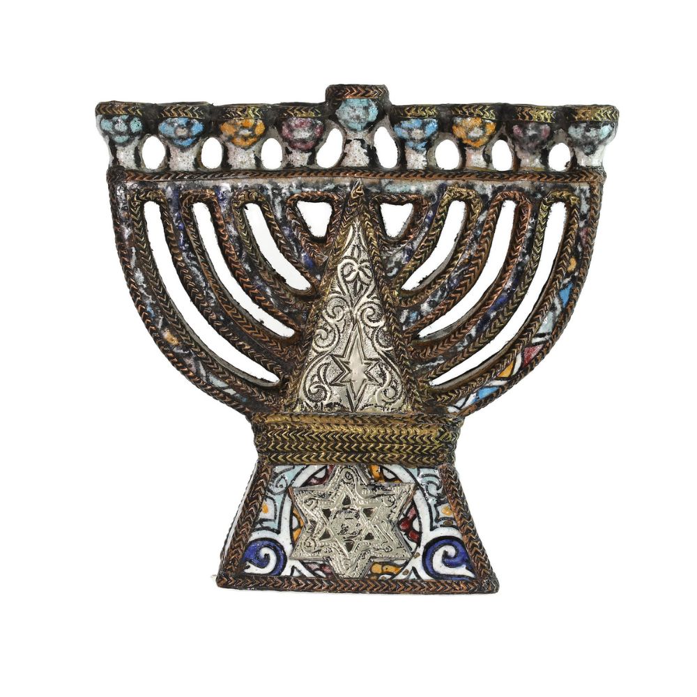 Menorah, Multicolored Ceramic with Metalwork, Hand-Painted in Morocco