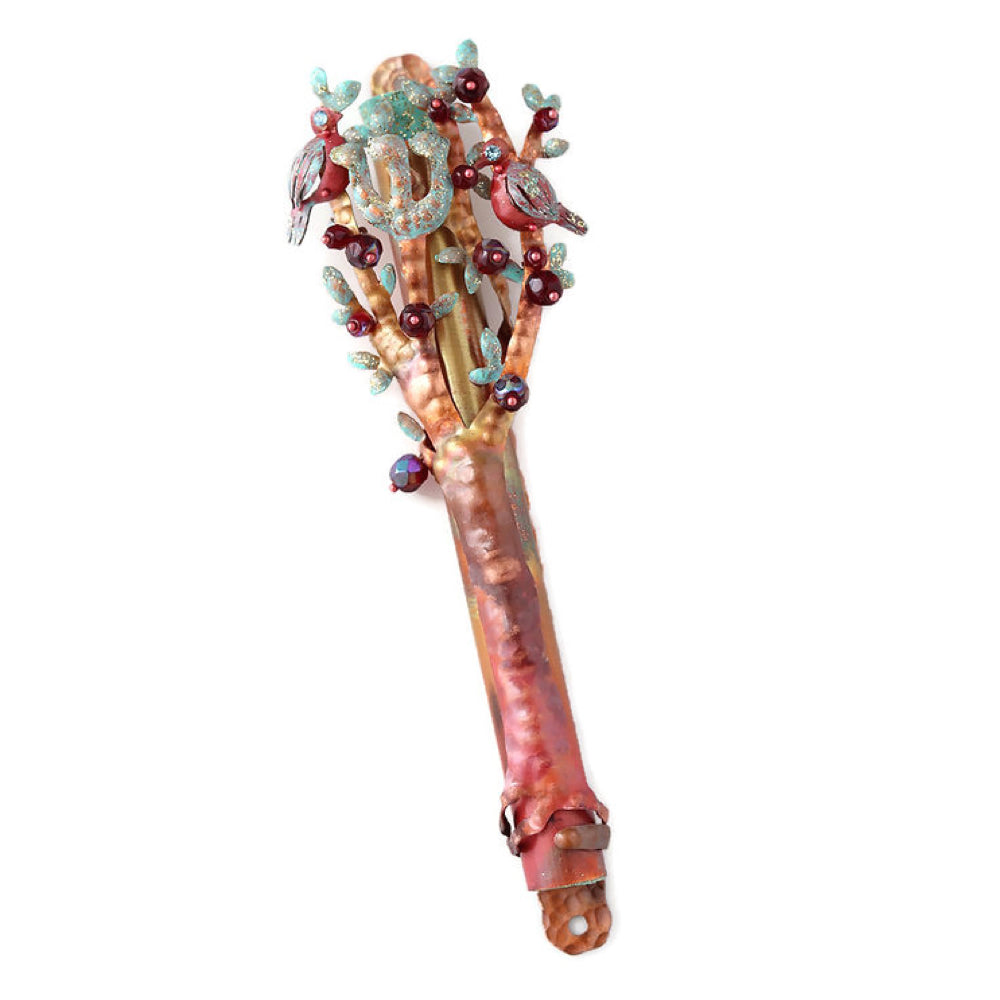 Mezuzah, Tree of Life with Birds, Hand Cut Copper and Beading