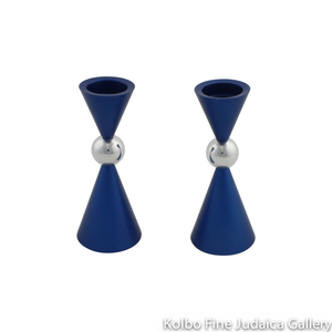 Candlesticks, Angular Design with Center Silver Sphere, Blue Anodized Aluminum