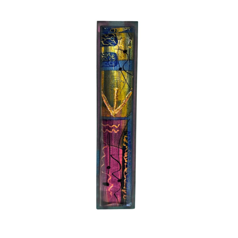 Mezuzah, Hand Painted Design with Gold Leaf, Lucite, One of a Kind