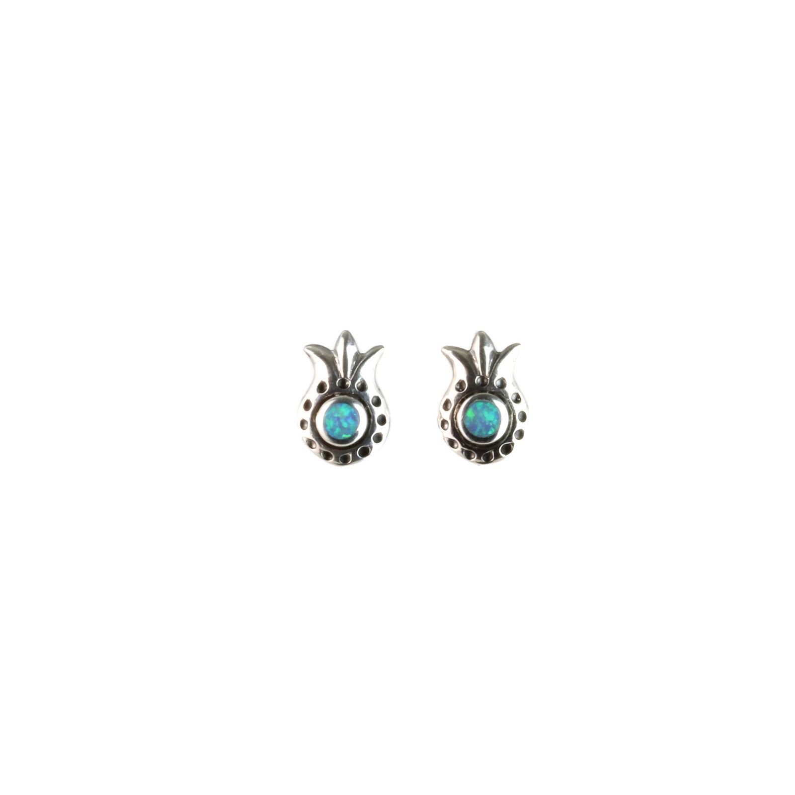 Earrings, Pomegranate Design with Blue Opal, Sterling Silver, Post