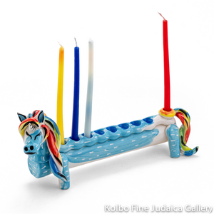 Menorah, Unicorn, Hand Made and Individually Painted Ceramic