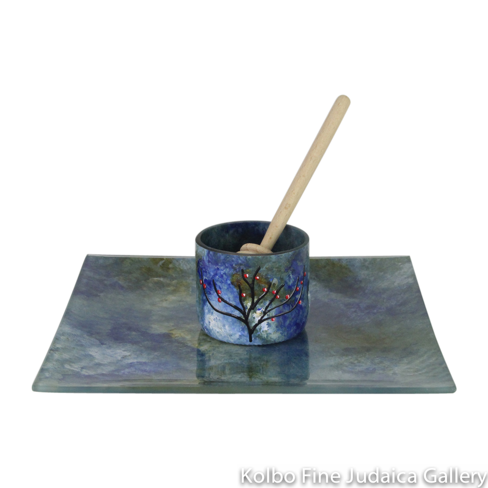 Honey and Apple Set, Hand-Painted Glass with Apple Tree on Cup in Blue and Green Tones