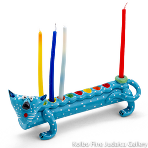 Menorah, Cat, Hand Made and Individually Painted Ceramic