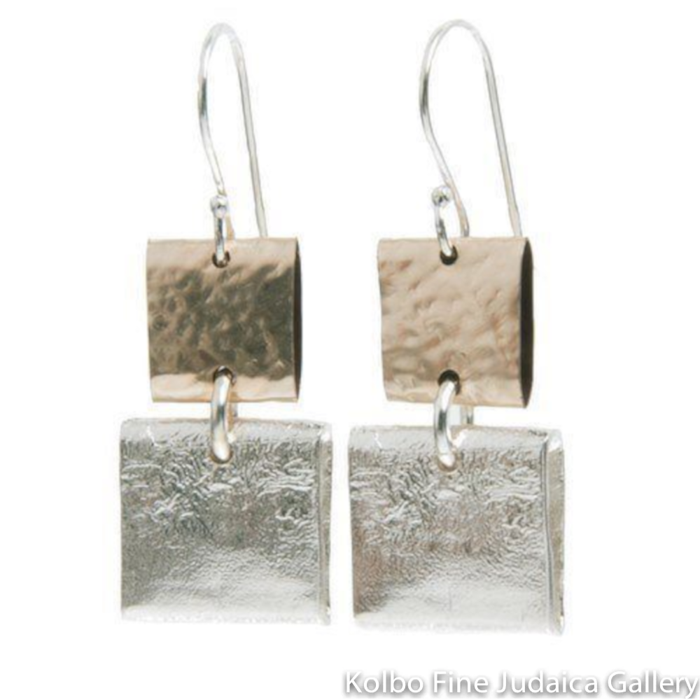 Earrings, Two Squares of Textured Sterling Silver and Gold Filled