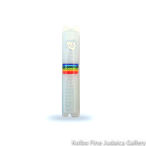 Mezuzah, Thin Rainbow Band on White, Fused Glass