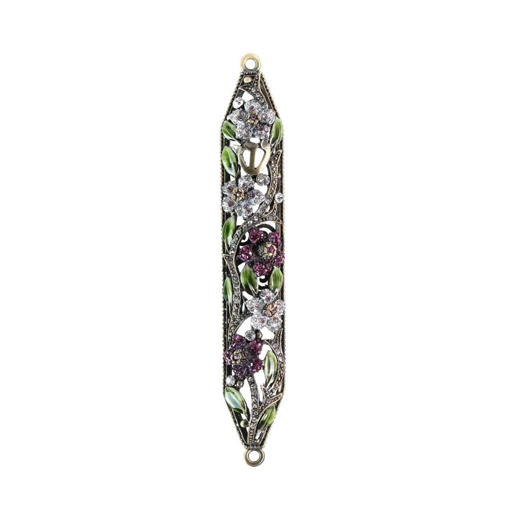 Mezuzah, Floral Design, Hand Painted Enamel with Purple and Clear European Crystals